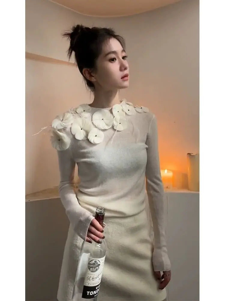 Pydshop New Chinese Style O-neck Flower Beading Tops Women Spring  Slim Fit White Pullovers Y2k E-Girl Long Sleeve Sweater Mujer