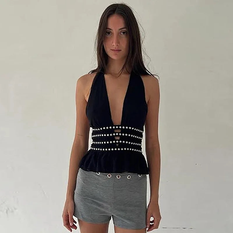 Pydshop Beading Deep V Halter Neck Open Back Crop Top