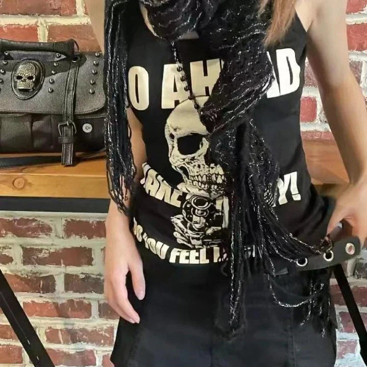 Pydshop Punk Skull Rose Print Vest T-shirts 2024 Summer New Sleeveless Tops Women Y2k Grunge O-neck Slim Fit Black Tee Shirt
