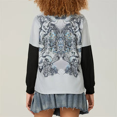 Pydshop Womens Y2k Fairy Grunge Printed Baggy Long Sleeve Top Aesthetic Goth Skeleton Crew Neck Shirt Tee Vintage Harajuku Streetwear