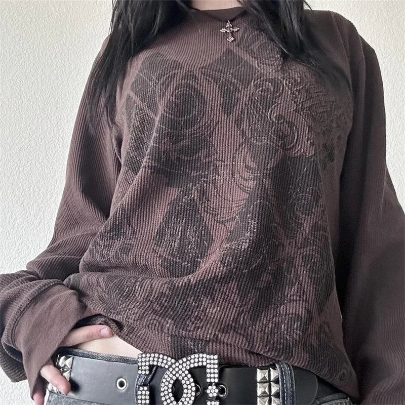 Pydshop Womens Y2k Grunge Emo Star Skull Print Skeleton Goth Fairy Long Sleeve T Shirt Baggy Aesthetic Vintage 90s Teen Girls Tops