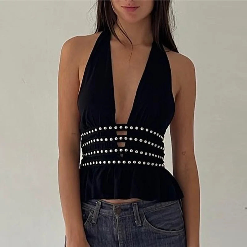 Pydshop Beading Deep V Halter Neck Open Back Crop Top