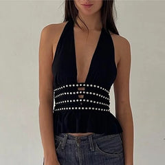 Pydshop Beading Deep V Halter Neck Open Back Crop Top