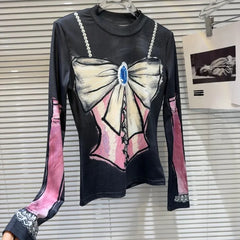 Pydshop Spring Autumn New Bottoming T-shirts Colorful Hand Drawn Bow Print O-neck Tee Shirt Y2k Slim Fit Long Sleeve Tops Women