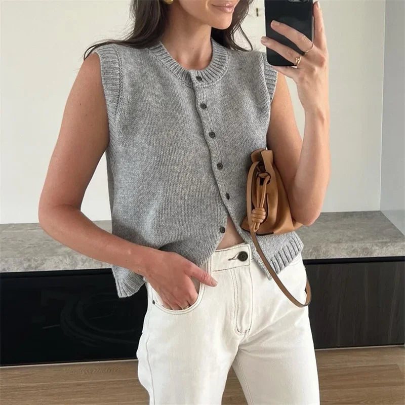 Pydshop Y2k Sweater Vest Womens Button Front Round Neck Sleeveless Knit Vest Summer Ribbed Tank Tops Streetwear