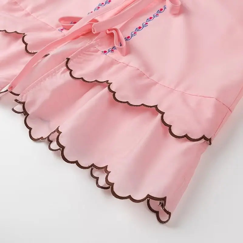 Pydshop Contrast Puff Sleeve V-Neck Lacing Up Bow Wave Line Hem Top