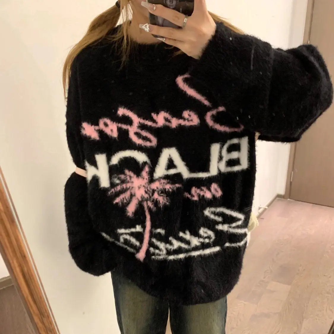 Pydshop  -  Oversized Sweater Women Winter Letter Jacquard Knit Sweater Thickened Casual Top Y2k Clothes O-Neck Sweater Mujer Fairy Grunge