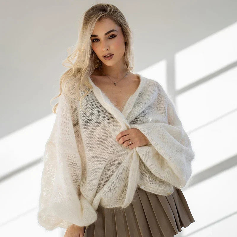 Pydshop Fashion Striped Sweater Cardigan With Scarf Female Loose Thin Hollow Knitted Top Lantern Sleeve Contrast Color Retro Top
