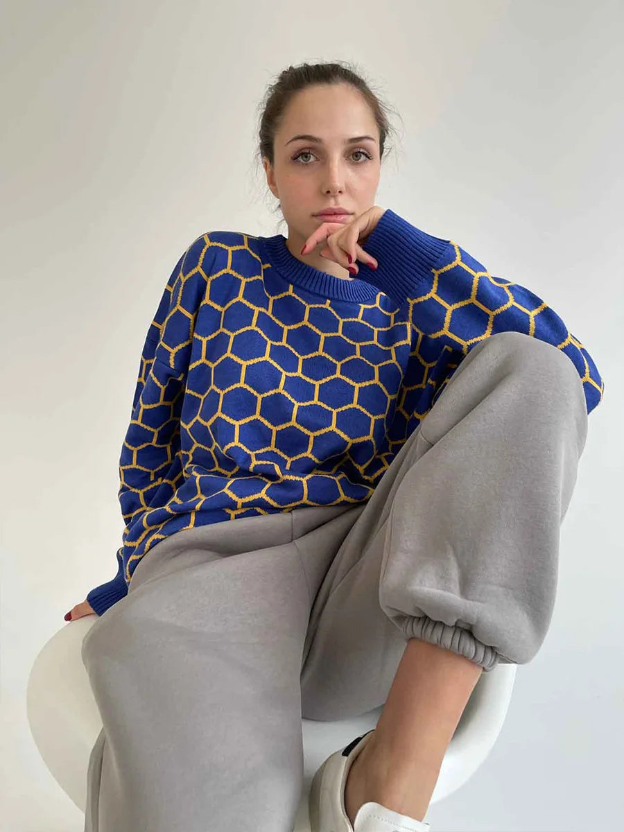 Pydshop Autumn New Pullover Sweater Women's Retro Plaid Print Loose Casual Knitted Top  Long Sleeve Round Neck Female Fashion
