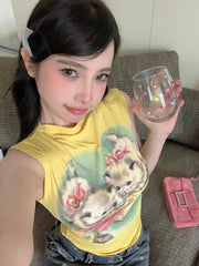 Pydshop Cute Cat Short Sleeve Print Vest for Women 2024 Summer New Slim Fit Sexy Tank Top Y2k E-Girl O-neck Sleeveless Tops Mujer