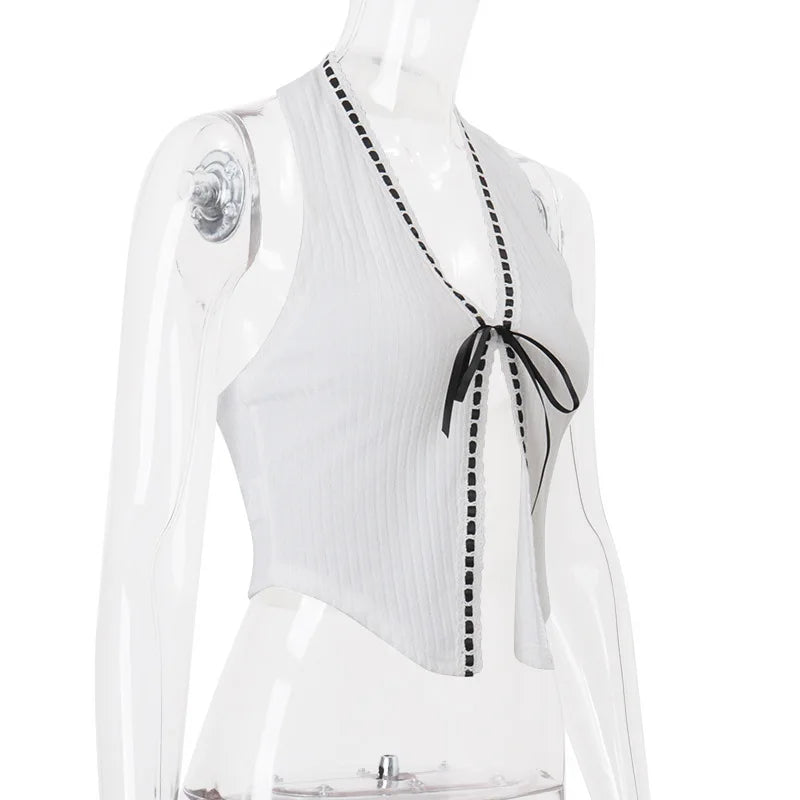 Pydshop Lace Up Knitted Top Halter Neck Contrast Short Vest