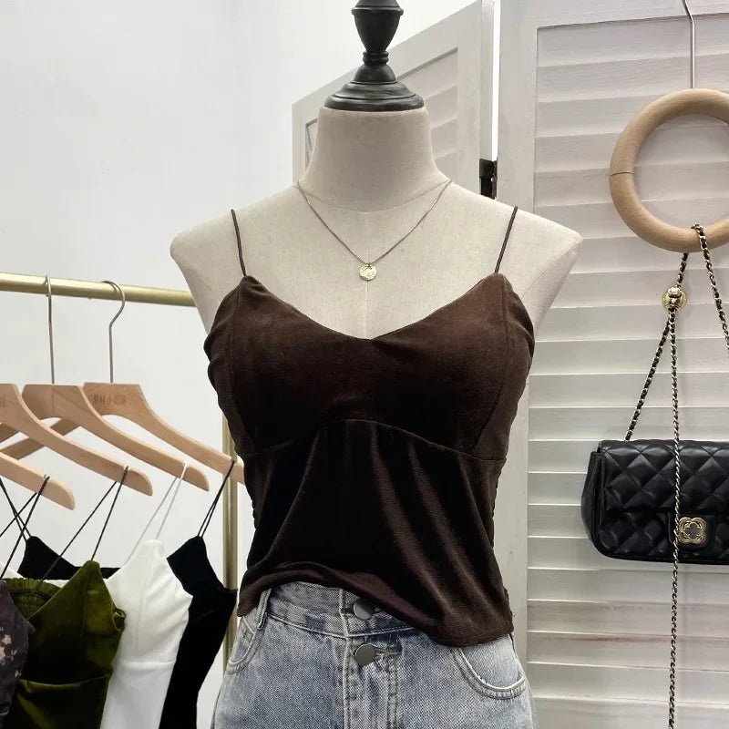 Pydshop Women's Retro Chic Floral Print Velvet Spaghetti Strap Camisole Top Sleeveless Tube Top With Padded Base 8965 PartyClub Outfits