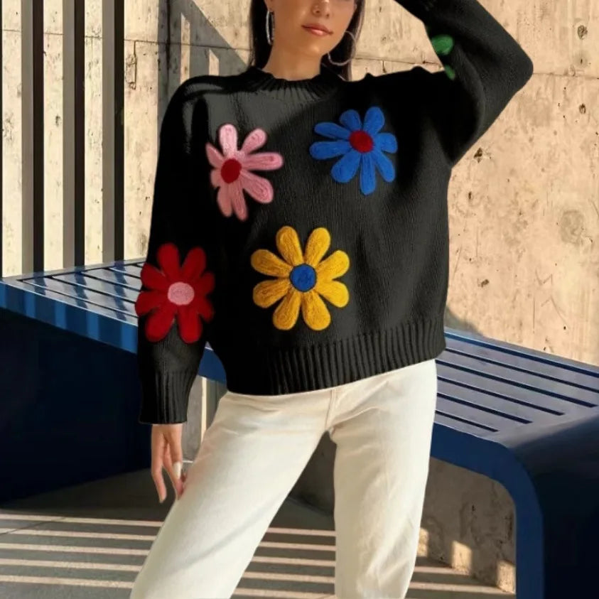 Pydshop Crochet Flower Pullover Knitted Sweater Women's Fashion Loose Lantern Long Sleeve Embroidery Knit Top Streetwear Fashion