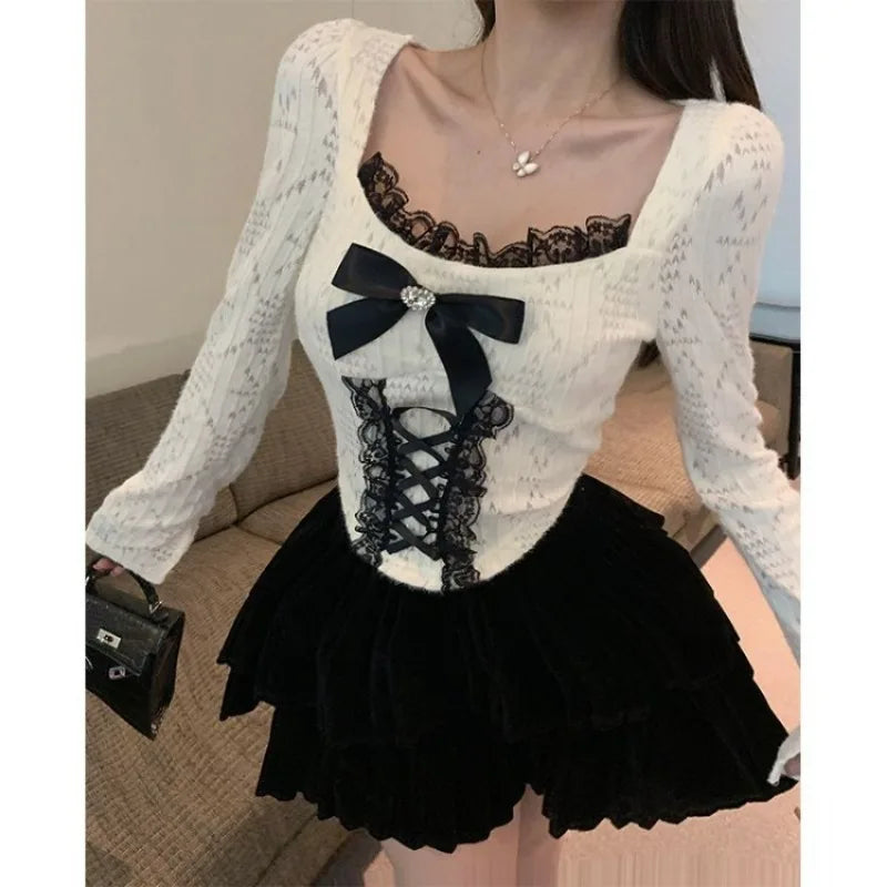 Pydshop Elegant Square Collar Bow Lace Tops Mujer 2024 Early Qutumn New T-shirt for Women Y2k E-Girl Slim Fit Long Sleeve Pullover
