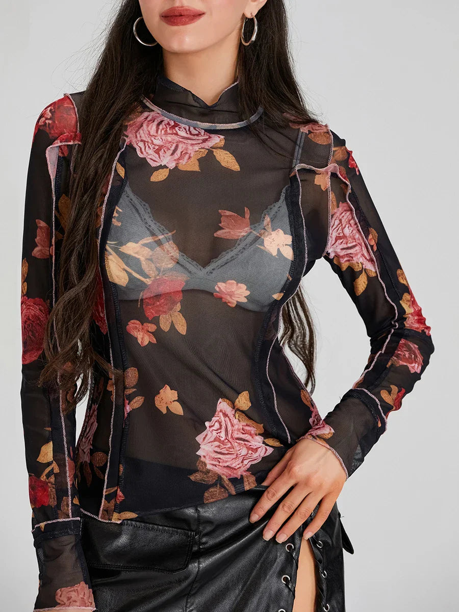 Pydshop Women Floral Print Mesh Top Long Sleeve Mock Neck See Through Tee Lettuce Trim Sheer Shirt Y2k Summer Blouse Top Streetwear