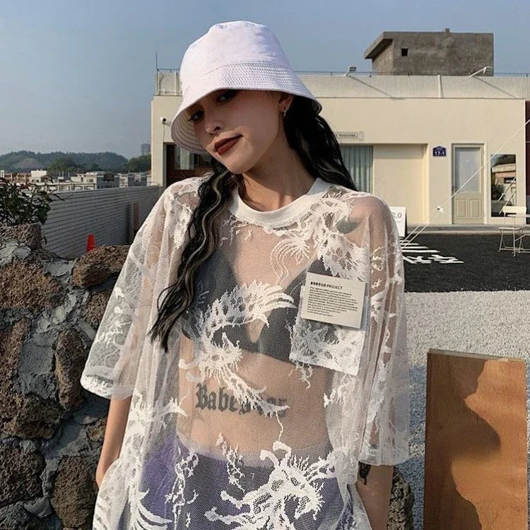 Pydshop Japanese O-neck Oversize Tee Shirt Summer Sexy See Through Mesh Lace T-shirt Y2k E-Girl Short Sleeve Bottoming Tops Women