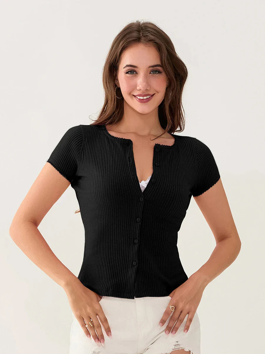 Pydshop Women Button Up Ribbed Kint Sweater Picot Trim Cap Short Sleeve Shirt Slim Fit Open Front Casual Cardigan Tops