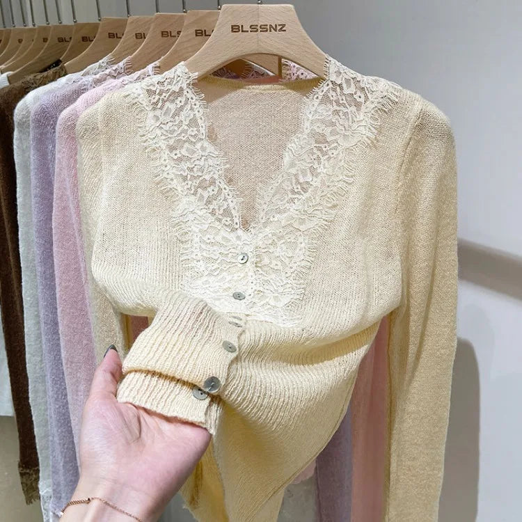 Pydshop Sexy White V-neck Lace Knitted Tops Women 2024 Spring Autumn New Bottoming Cardigan Y2k Slim Fit Long Sleeve Sweaters Mujer