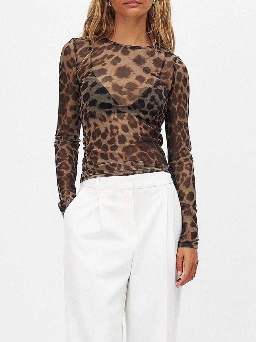 Pydshop Women Y2k Sheer Mesh Top Leopard Long Sleeve See Through Layering Shirt Vintage Fairy Grunge Tee Slim Fit Lace Crop Top