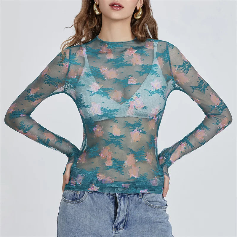 Pydshop Chic Sheer Tops for Women Long Sleeve Mock Neck Lace Mesh Top Sexy See Through Floral Tee Shirt Layering Blouse Y2k Streetwear
