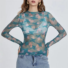 Pydshop Chic Sheer Tops for Women Long Sleeve Mock Neck Lace Mesh Top Sexy See Through Floral Tee Shirt Layering Blouse Y2k Streetwear