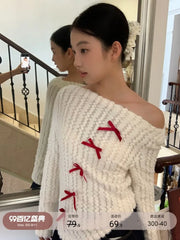Pydshop Skew Collar Off Shoulder Knitted Tops Women 2024 Spring Autumn New Bottoming Pullovers Y2k Long Sleeve Slim Fit Sweaters