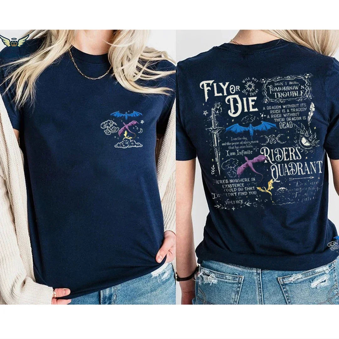 Pydshop Basgiath War College Dragon Rider Retro Shirt  2 Side Patten Cotton Tee Fourth Wing Riders T-Shirt Fantasy Apparel Y2K Top