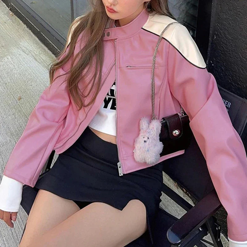 Pydshop 2024 Fashion Woman tops y2k style Pink Stripe Spliced Zip-Up PU Leather Jacket