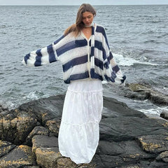 Pydshop Fashion Striped Sweater Cardigan With Scarf Female Loose Thin Hollow Knitted Top Lantern Sleeve Contrast Color Retro Top