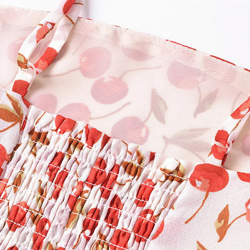 Pydshop Cherry Print Slash Collar Elastic Back Tank Top