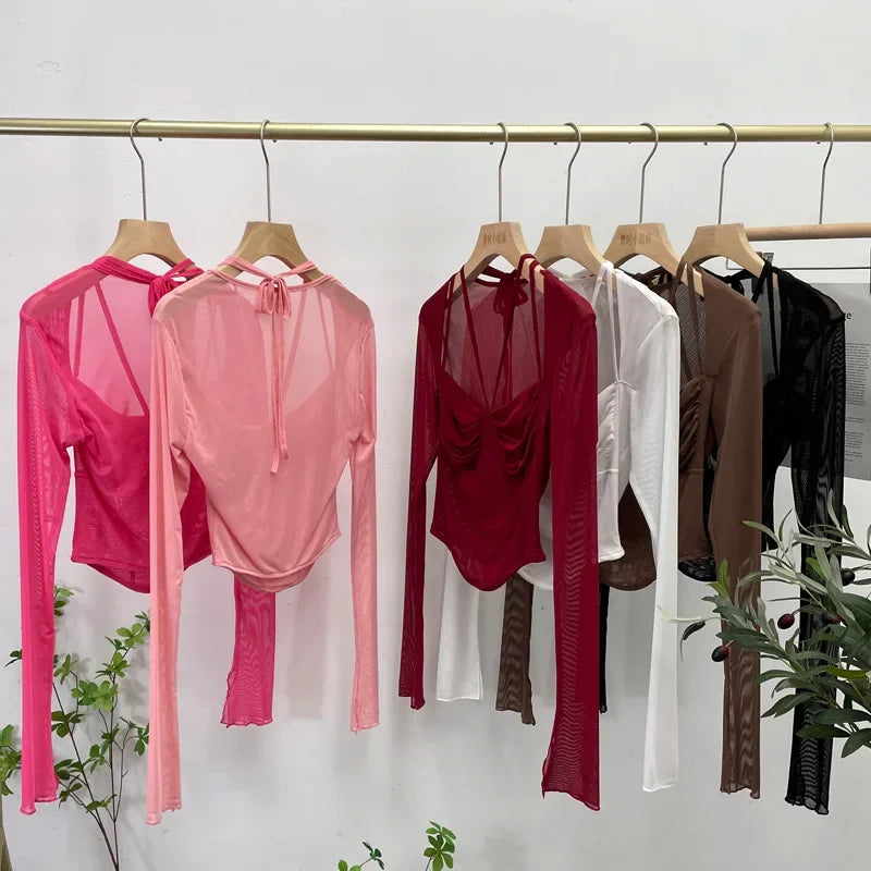 Pydshop Women Square Neck Tie Halter Mesh See Through Long Sleeve T-shirt Sexy Lce Up Slim Fit Short Slit Cuff Top PartyClub Streetwear