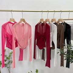 Pydshop Women Square Neck Tie Halter Mesh See Through Long Sleeve T-shirt Sexy Lce Up Slim Fit Short Slit Cuff Top PartyClub Streetwear