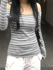 Pydshop Fairy Grunge Off Shoulder Crop Tops Striped Long Sleeve Slim Fit Tees Cyber Y2K T-shirt Women Autumn Spring Streetwear
