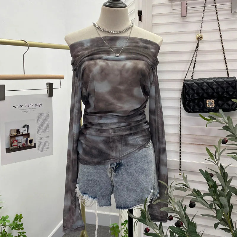 Pydshop Retro Tie Dye Pleated One Shoulder Long Sleeved T-shirt For Women Summer Sexy See Through Mesh Irregular Top y2k PartyClub Wear