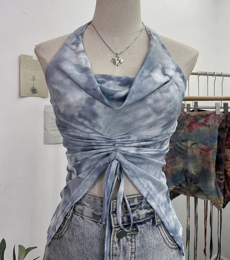 Pydshop Women's Resort Swing Collar Drawstring Strap Halter Vest Tie-Dye Mesh Top Sexy Backless Irregular Vest Party Leisure Essential