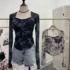 Pydshop Ladies Retro Elegant Square Neck Lace Spliced Tie Dye Mesh Long Sleeves Blouse Tight Hot Girl Short Top With Padded Breasts 1386