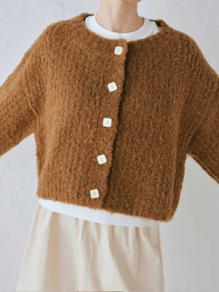 Pydshop Fashion Reddish Brown Warm Cardigan Sweater For Early Autumn 2024 Women Short Style New Winter High Street Loose Versatile Top