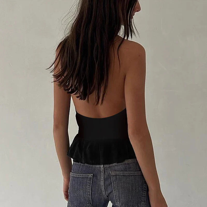 Pydshop Beading Deep V Halter Neck Open Back Crop Top