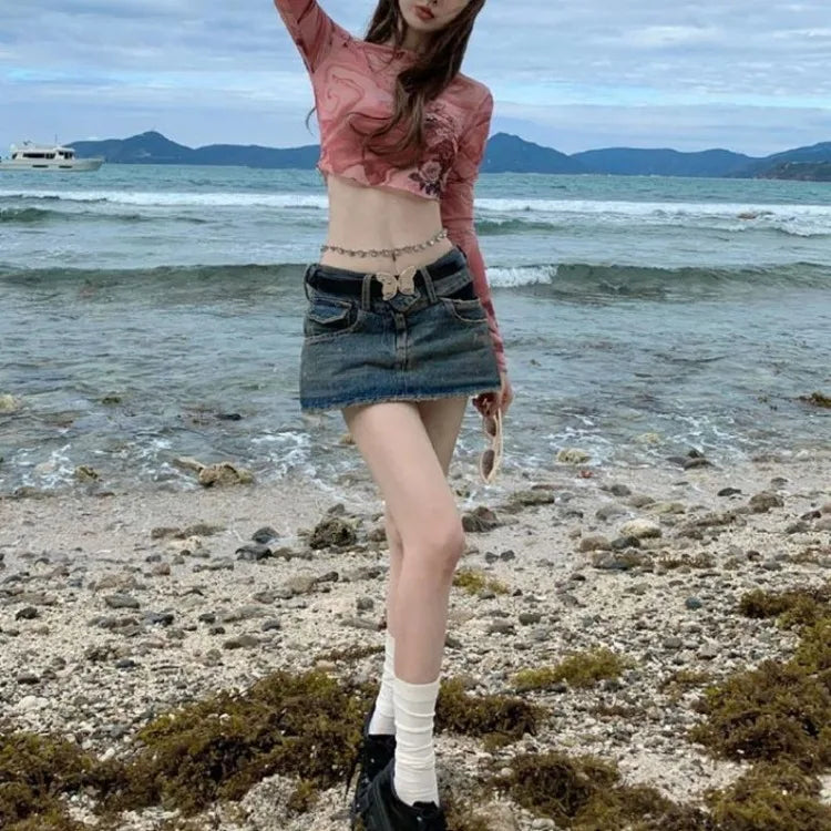 Pydshop American Pink Tie Dyed Rose Bottoming Tops Women Y2k E-Girl Mesh Long Sleeved T-shirts Summer Sexy Crop Top Slim Fit Tees