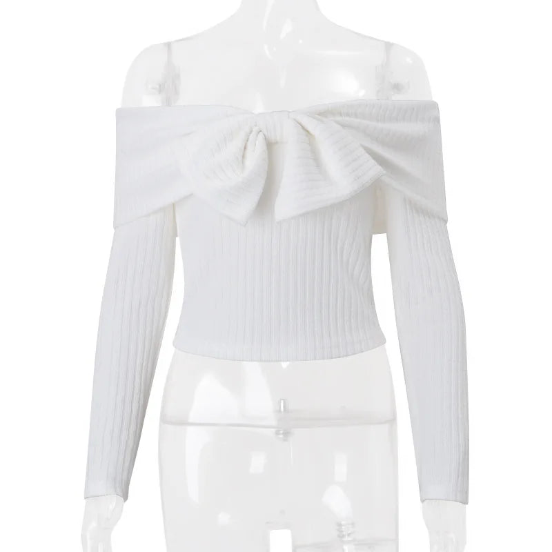 Pydshop Bows One-Shoulder Knitted Sweater For Women Sexy Navel Exposed Long Sleeve Ribbed Top Pullover Female Slim Autumn Fashion