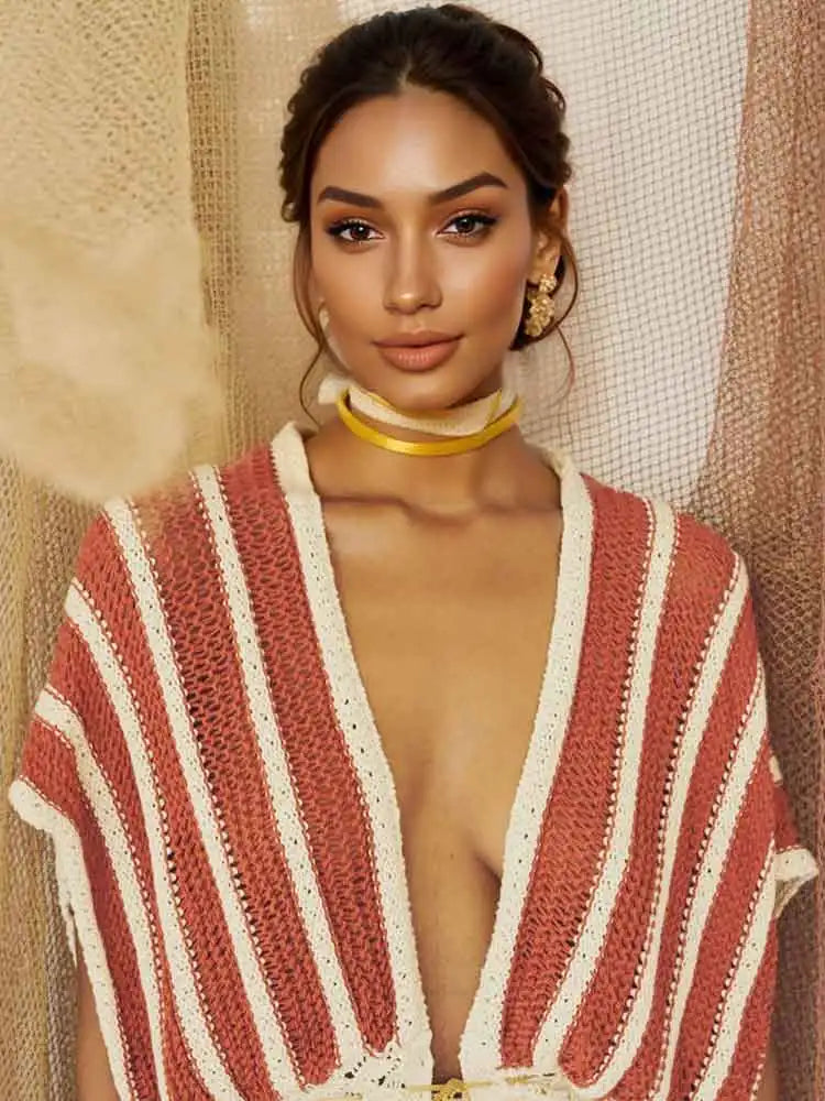Pydshop Backless Bat Sleeve Knitted Beach Cover-Up Top
