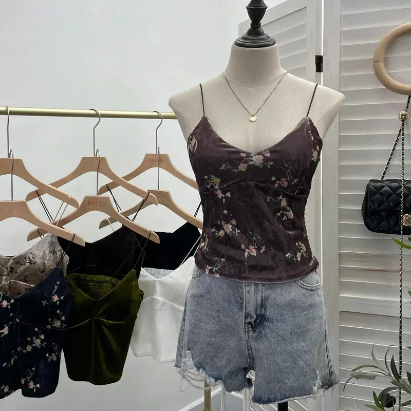 Pydshop Women's Retro Chic Floral Print Velvet Spaghetti Strap Camisole Top Sleeveless Tube Top With Padded Base 8965 PartyClub Outfits