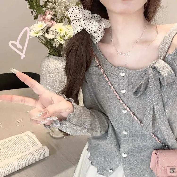 Pydshop Fashion Sweet Off Shoulder Bow Lace Up Sweaters 2024 New Slim Fit Pink Tops Women Y2k Grunge Long Sleeve Cardigan Mujer