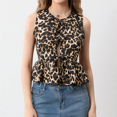 Pydshop Fashion Leopard Print Tie Front Vest for Women Y2k Cheetah Print Peplum Tank Top Ruffle Hem Sleeveless Going Out Wear