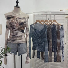 Pydshop Women's Retro One Shoulder Tie Dye Print Mesh Long Sleeve Top Irregular Pleated Slim T-shirt Blouse PartyClub Wear Streetwear