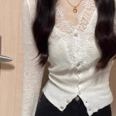 Pydshop Sexy White V-neck Lace Knitted Tops Women 2024 Spring Autumn New Bottoming Cardigan Y2k Slim Fit Long Sleeve Sweaters Mujer