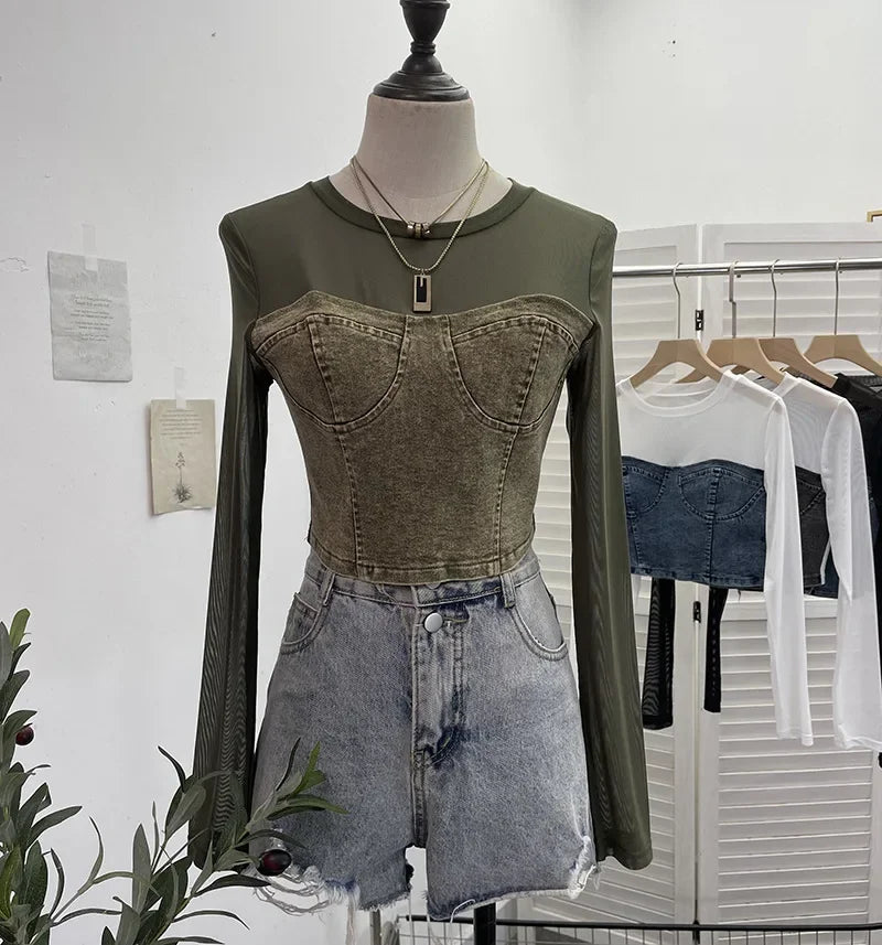 Pydshop Women Street Fake Two Piece Denim Splicing Mesh Long Sleeve Slim Fit Crop Top Y2K Top Casual Holiday PartyClub Streetwear 2623
