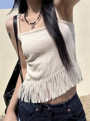 Pydshop Korean Sexy Backless Lace Up Camisole Tops Y2k E-Girl Slim Fit Tassel Tank Top 2024 Summer New Straight Black Vest for Women