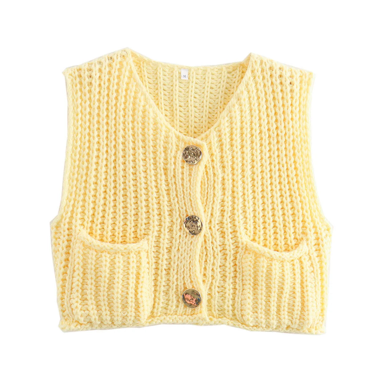 Pydshop Fashion Sleeveless Knitted Cardigan Vests For Women Autumn New Short Sweater Button With Pockets Solid Color Knitted Top