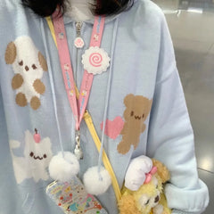 Pydshop  -  Jacquard Hooded Sweater Versatile Knitted Sweater Kawaii Cardigan Women Korean Fashion Long Sleeve Tops Y2k Clothes